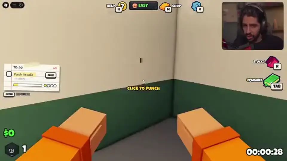 Punch Out Of Prison HUD with Shop, Easy, and punch-the-walls task in the starting cell