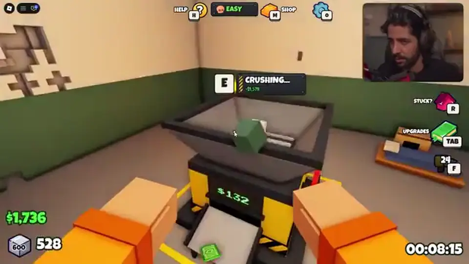 Crusher machine showing Crushing and cash payout in the prison cell