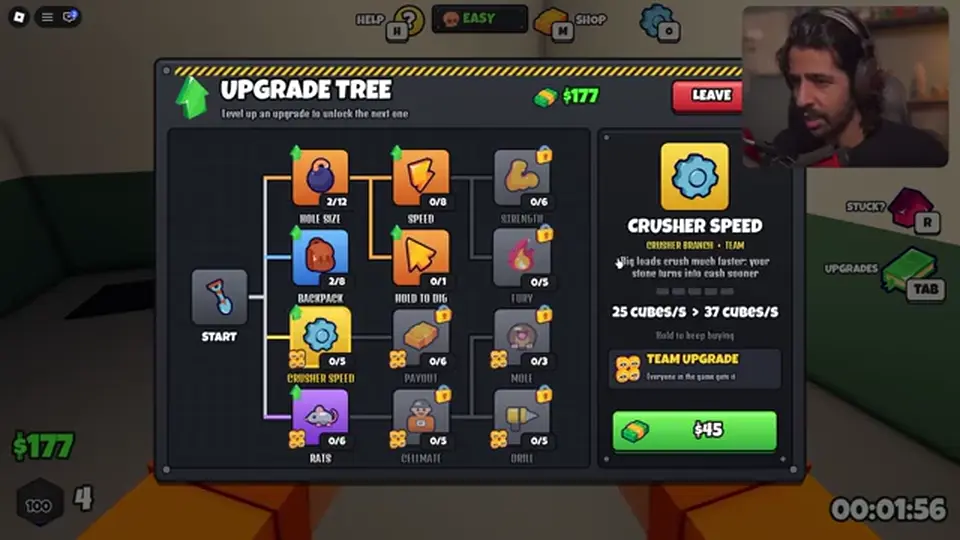 Upgrade Tree with Crusher Speed and backpack rows after a rubble sale
